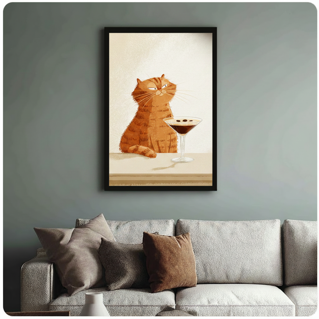 Framed funny orange cat cocktail illustration above linen sofa on sage green wall - whimsical chubby tabby cat cocktail canvas wall art with warm cream background for stylish living room decor