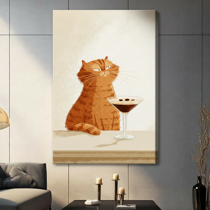Unframed grumpy orange tabby cat beside cocktail glass canvas print in dark contemporary living room - humorous chubby cat cocktail wall art with rich warm tones for modern interior decor