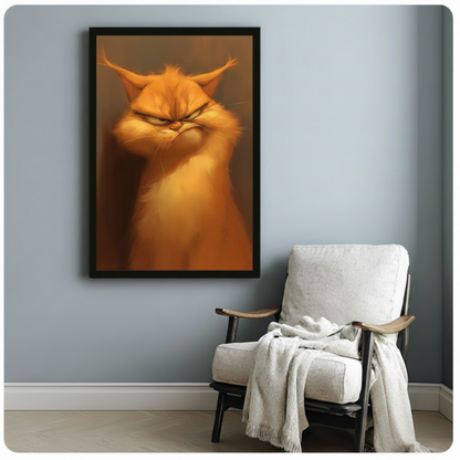 Black framed humorous grumpy orange cat canvas print hung on a soft blue-gray wall beside a white linen wood armchair with a cream knit throw blanket draped over the arm