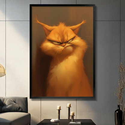 Black framed grumpy orange cat oil painting canvas wall art displayed in a modern dark gray living room with candlesticks and tall black decorative vase