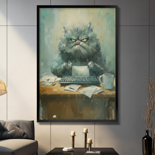 Grumpy grey Persian cat sitting at messy office desk canvas wall art in black frame on light grey panel wall – funny angry cat with keyboard and coffee mug oil painting for living room