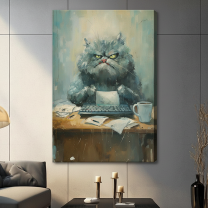 Frameless grumpy grey Persian cat at cluttered desk canvas print on light grey panel wall – humorous angry cat with scattered papers keyboard watercolor oil painting for living room decor