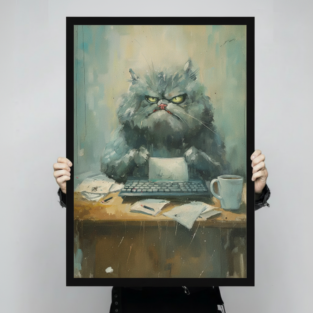 Hands holding framed grumpy grey Persian cat at messy desk canvas wall art – funny angry cat with keyboard coffee mug scattered papers size reference display