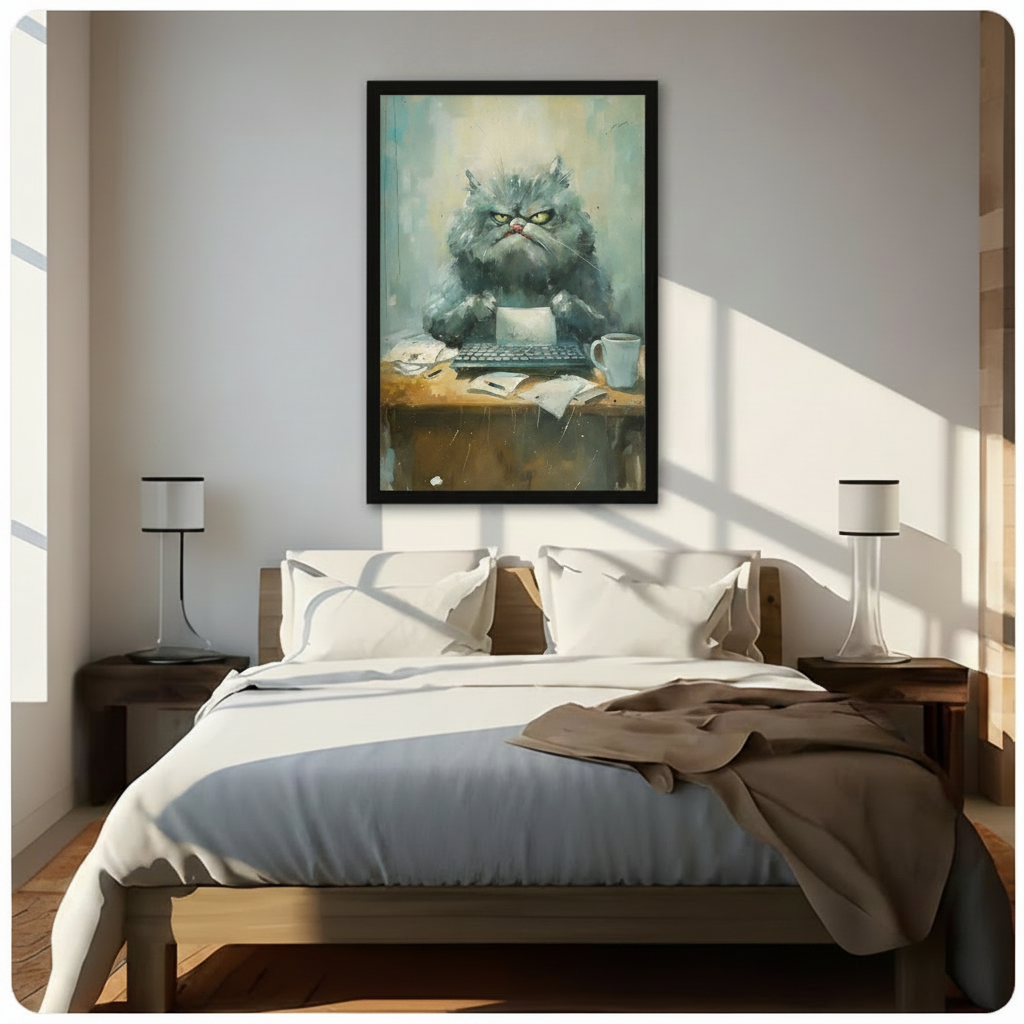 Framed grumpy grey Persian cat at cluttered office desk canvas above wooden bed in sunlit modern bedroom – funny angry cat boss wall art for bedroom or home office decor