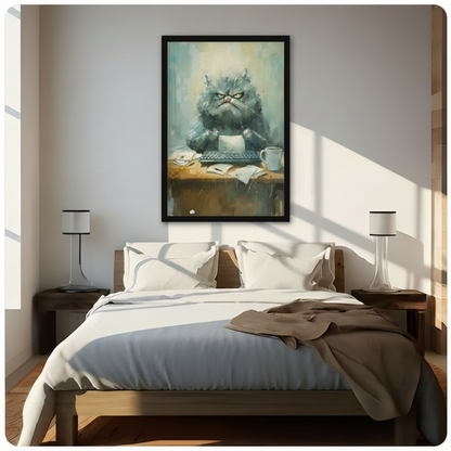 Framed grumpy grey Persian cat at cluttered office desk canvas above wooden bed in sunlit modern bedroom – funny angry cat boss wall art for bedroom or home office decor