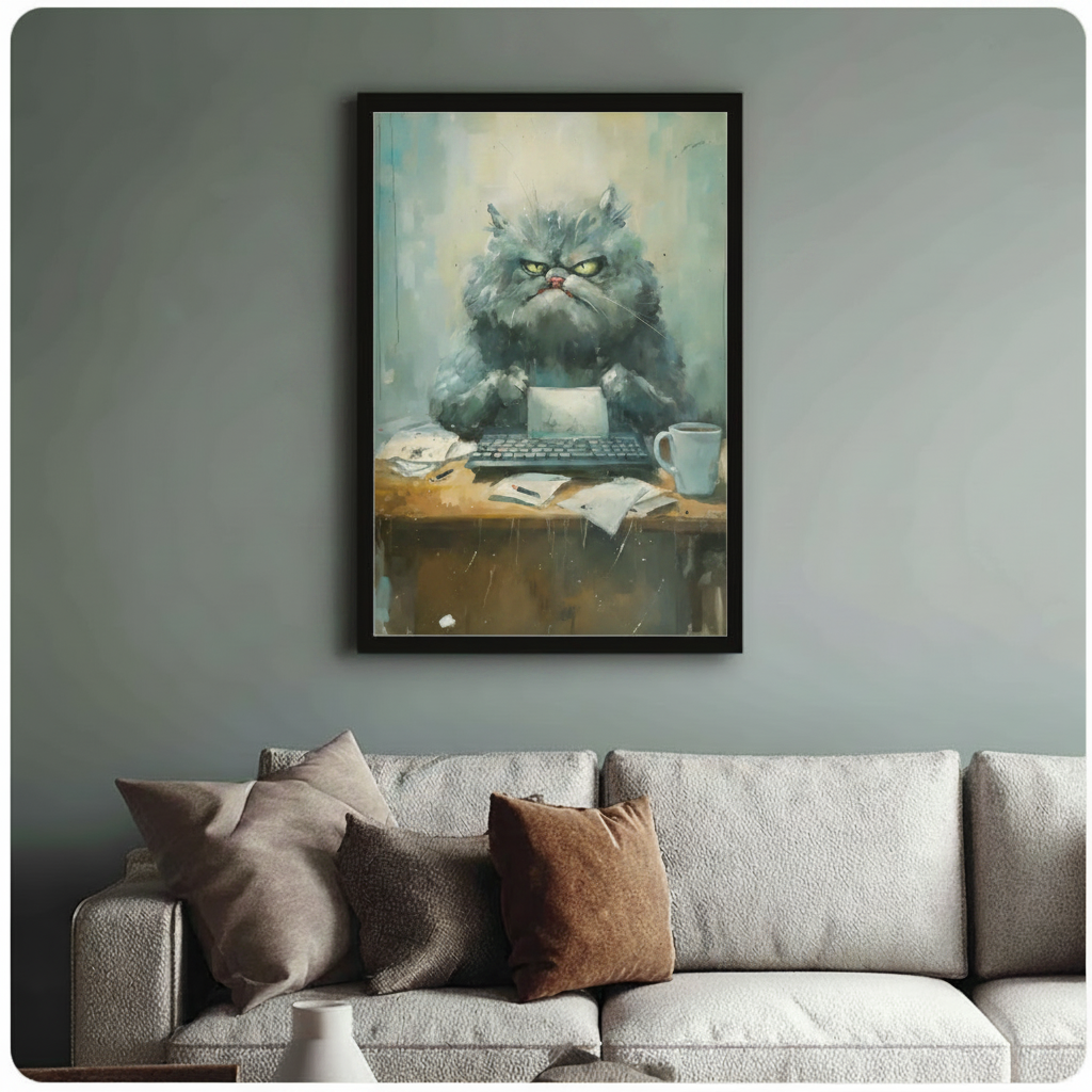 Framed grumpy Persian cat at messy office desk canvas above cream textured sofa on sage blue-green wall – funny angry cat boss wall art for living room decor