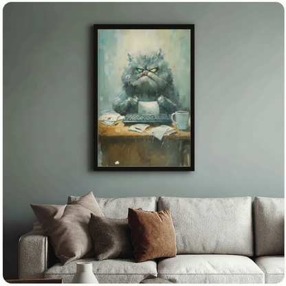 Framed grumpy Persian cat at messy office desk canvas above cream textured sofa on sage blue-green wall – funny angry cat boss wall art for living room decor
