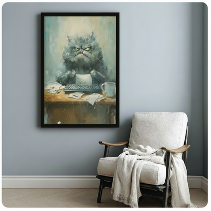 Grumpy grey Persian cat office desk framed canvas beside wooden armchair with white throw on pale blue wall – humorous angry cat boss portrait for home office or reading nook
