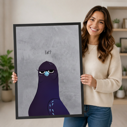 Woman holding large funny purple pigeon "Eat?" framed canvas art showing size reference in bright home setting