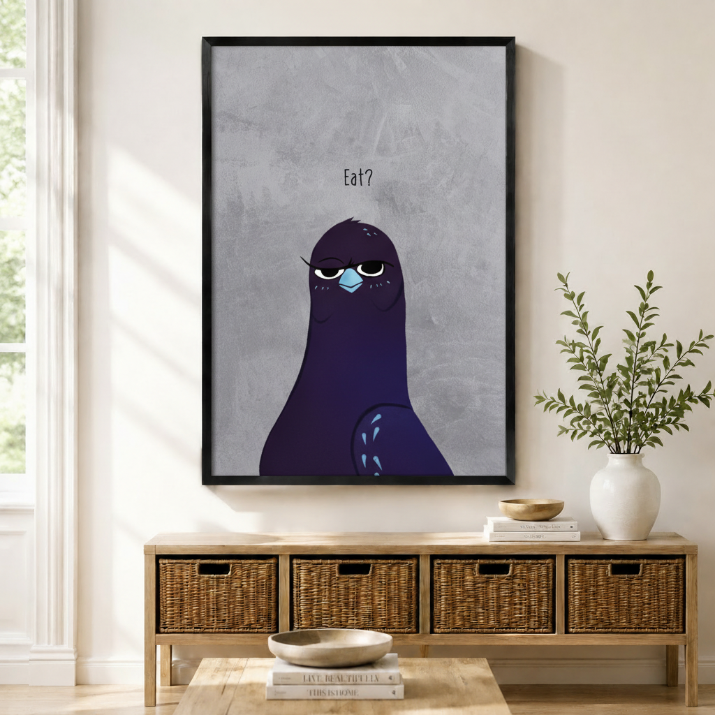 Grumpy purple pigeon "Eat?" framed canvas wall art hung above rattan console in bright modern entryway