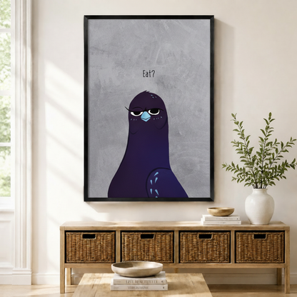 Grumpy purple pigeon "Eat?" framed canvas wall art hung above rattan console in bright modern entryway