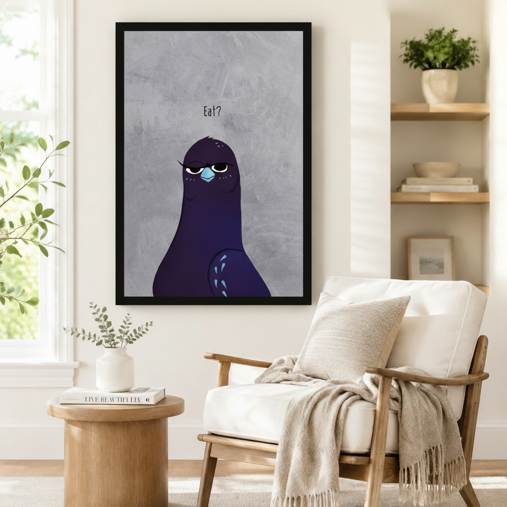 Whimsical grumpy pigeon "Eat?" framed wall art beside linen armchair in cozy Scandinavian reading nook