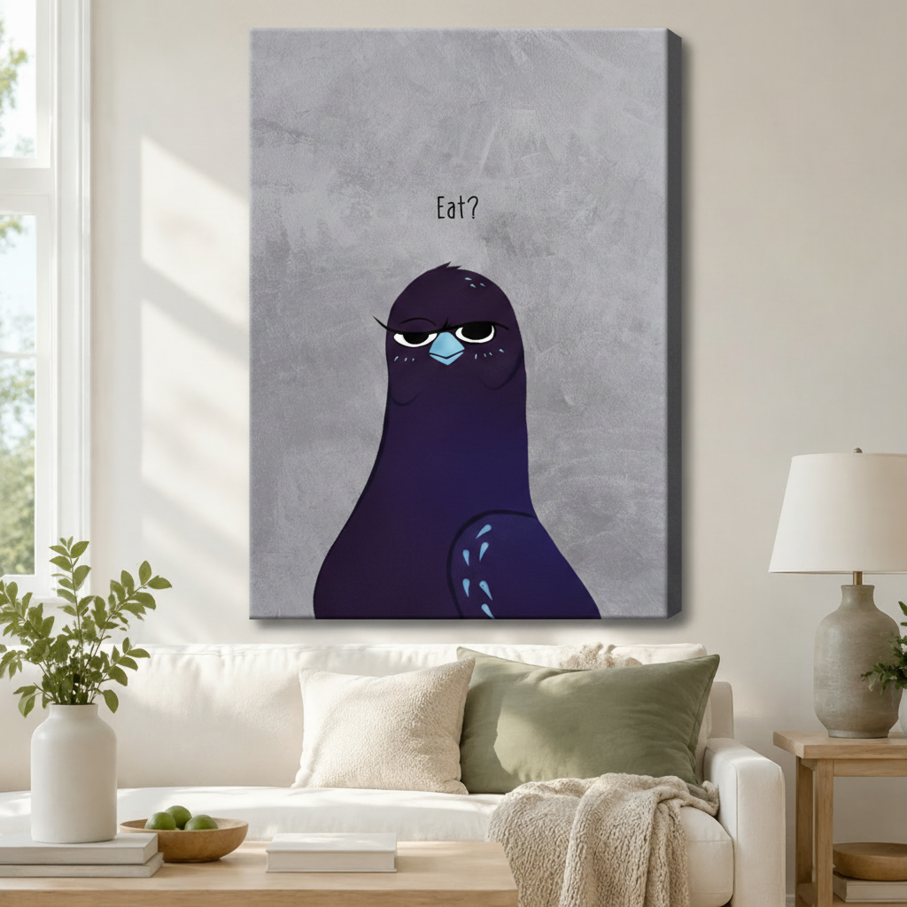 Funny dark purple pigeon "Eat?" stretched gallery wrap canvas displayed above white sofa in Scandinavian living room