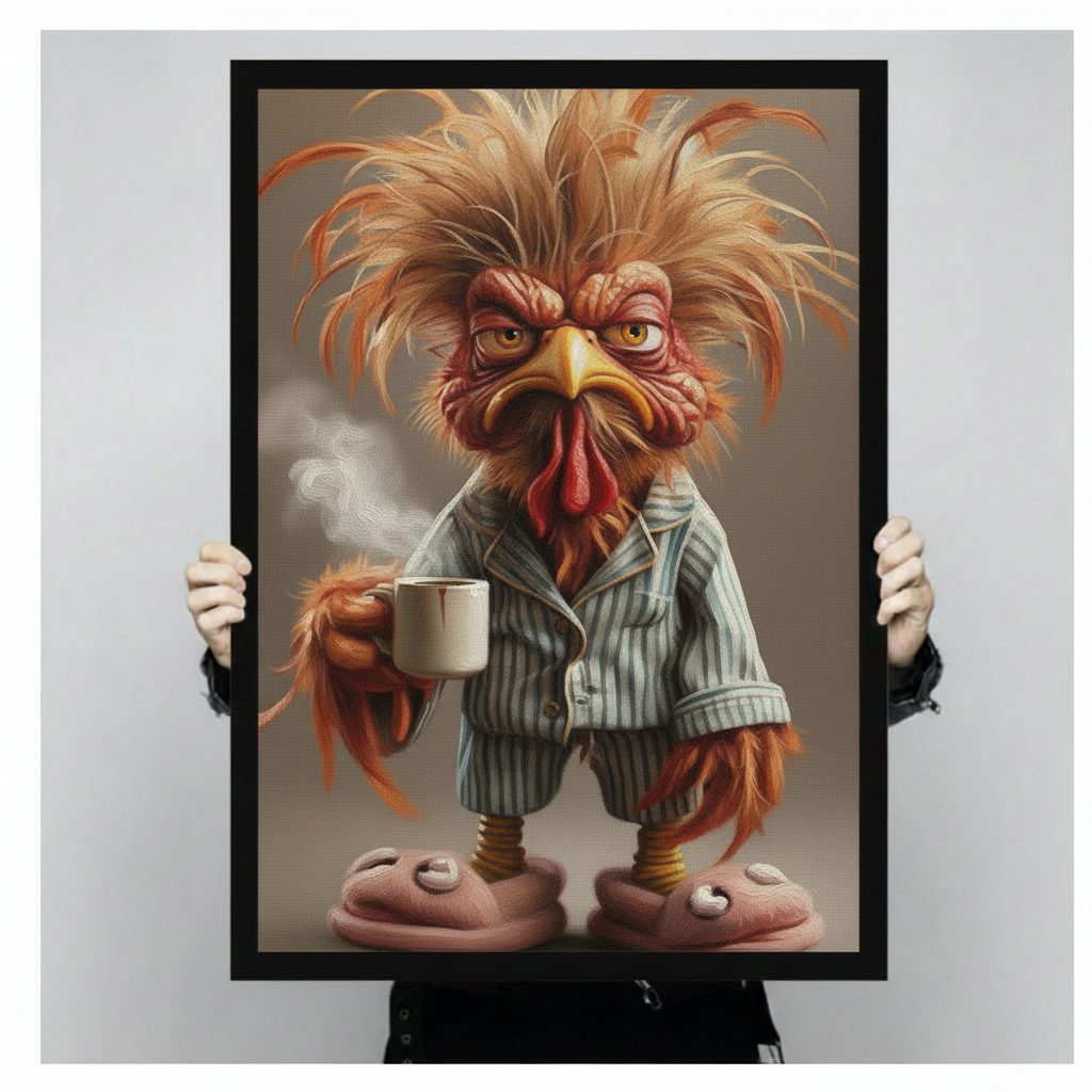 Funny framed canvas print of a disheveled rooster in pajamas grumpily holding a coffee mug, styled above a white linen bed in a bright minimalist bedroom