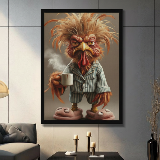 Gallery wrapped canvas wall art of a grumpy rooster in striped pajamas and slippers holding a steaming coffee mug, displayed in a moody dark living room