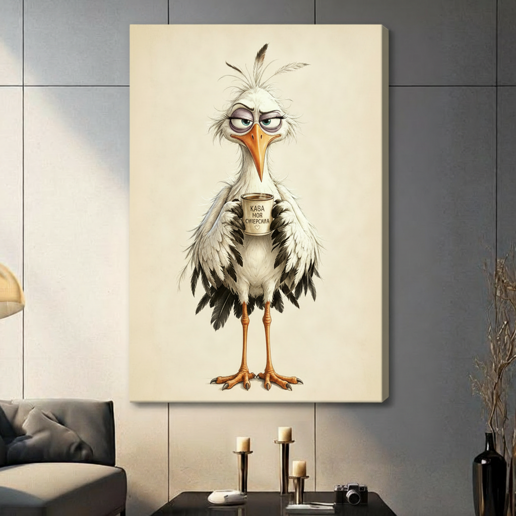Whimsical character illustration of a drowsy grumpy white stork with ruffled feathers half-closed eyes and an orange beak clutching a small coffee cup reading КАВА МОЯ СУПЕРСИЛА against an ivory parchment background funny bird wall art stretched canvas in a living room with dark gray panel wall dark sofa and black vase