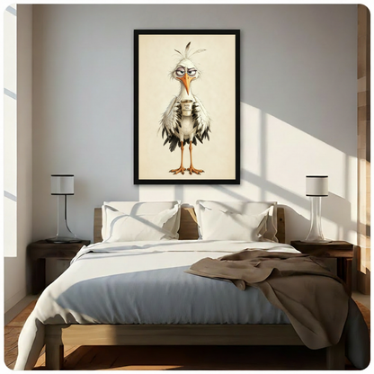 Whimsical character illustration of a sleepy grumpy stork with disheveled white and black feathers squinting eyes and an orange bill holding a tiny coffee cup inscribed КАВА МОЯ СУПЕРСИЛА on a pale ivory background relatable funny bird wall art framed print above a bedroom with white linen bedding and dark wood bedside tables