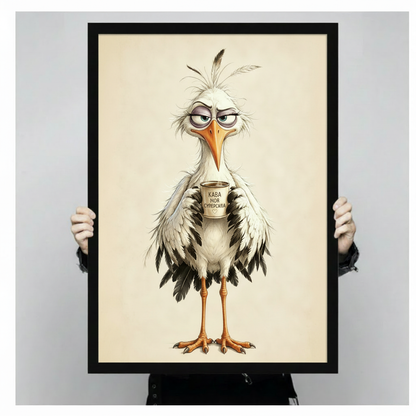 Whimsical character illustration of a grumpy sleep-deprived white stork with tousled feathers drooping eyelids and a prominent orange beak cradling a small coffee mug reading КАВА МОЯ СУПЕРСИЛА on a cream parchment background witty bird wall art framed print held against a light gray background