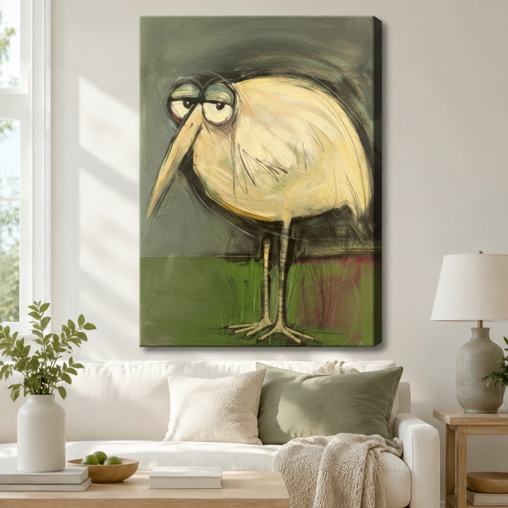 Whimsical grumpy long-beak stork expressionist gallery wrapped canvas print displayed above white sofa in Scandinavian living room
