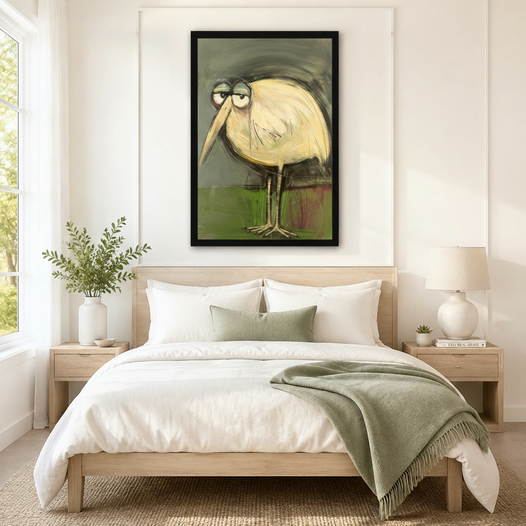 Quirky grumpy long-beak stork expressionist painting black framed art print above neutral white linen bed in serene Scandinavian bedroom