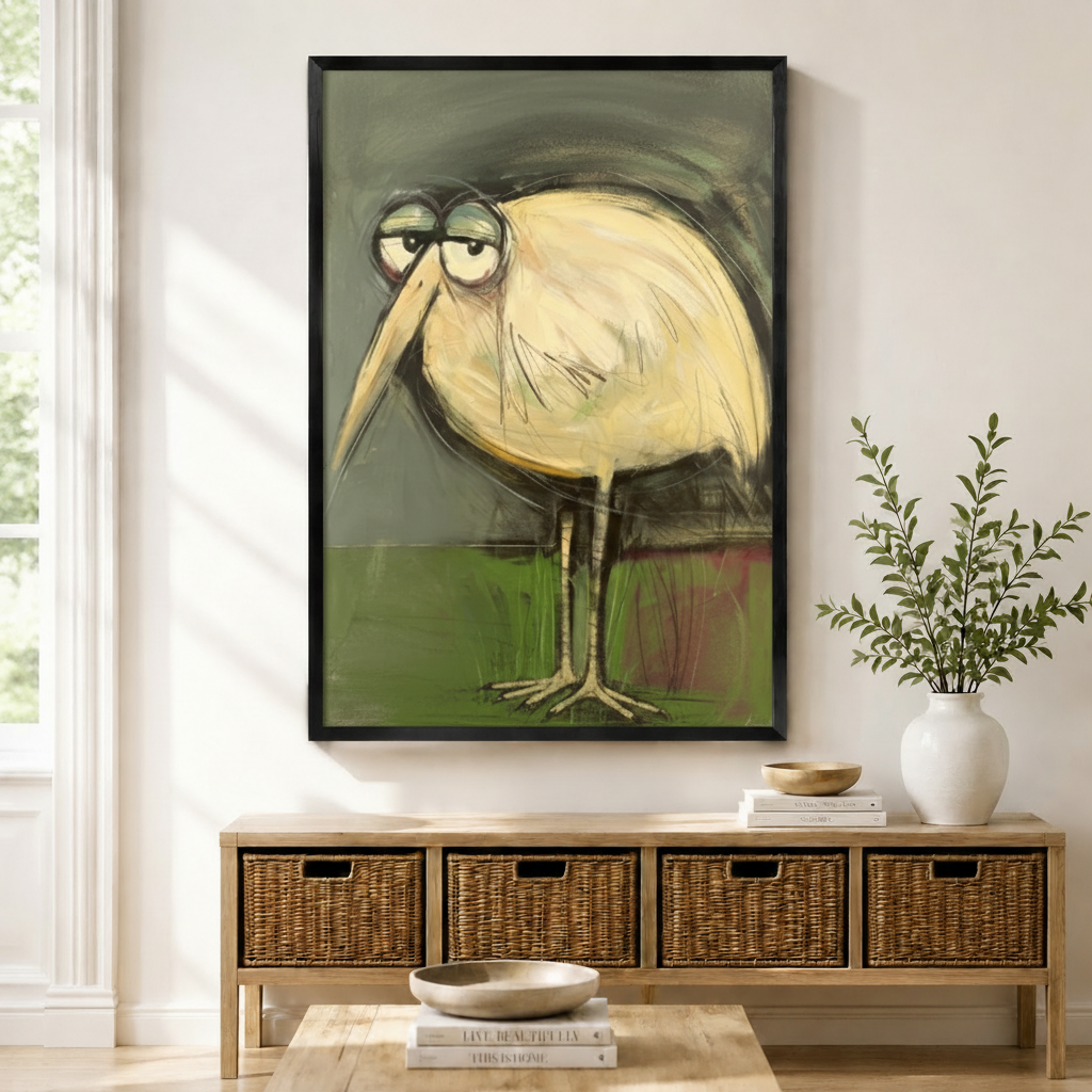 Grumpy stork expressionist oil painting black framed wall art print hung above wicker storage console in bright boho entryway