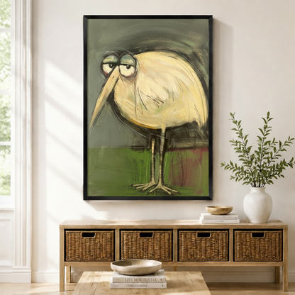 Grumpy stork expressionist oil painting black framed wall art print hung above wicker storage console in bright boho entryway