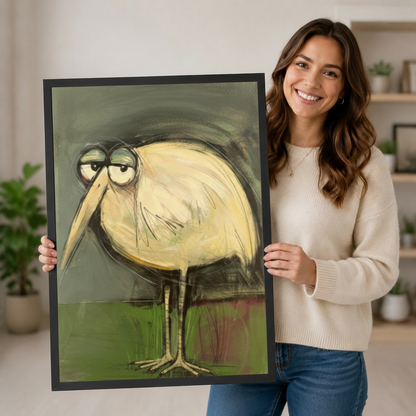 Woman smiling holding large framed grumpy stork expressionist wall art print featuring yellow-cream bird with heavy-lidded eyes on green background