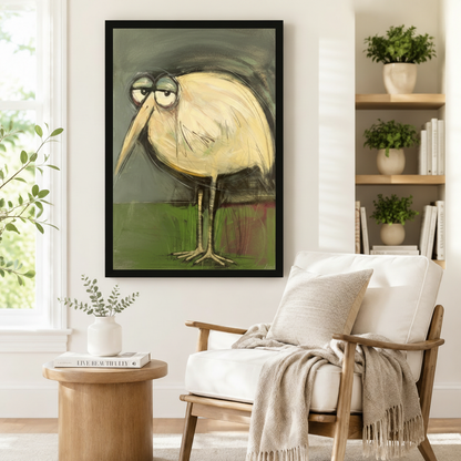 Moody grumpy stork with droopy eyes expressionist black framed poster beside armchair in minimalist Japandi reading corner