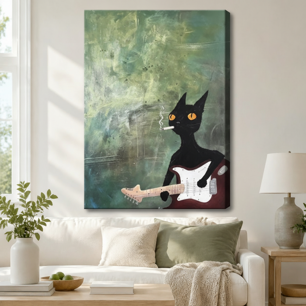 Stretched canvas wall art of a moody grunge expressionist rock black cat guitar print featuring a sleek black cartoon cat with large glowing amber eyes and a lit cigarette in its mouth cradling a dark burgundy electric guitar with a white pickguard on a bold impasto teal green distressed background with drifting cigarette smoke, hung above a white sofa with sage green and cream pillows and a white ceramic table lamp in a bright airy living room