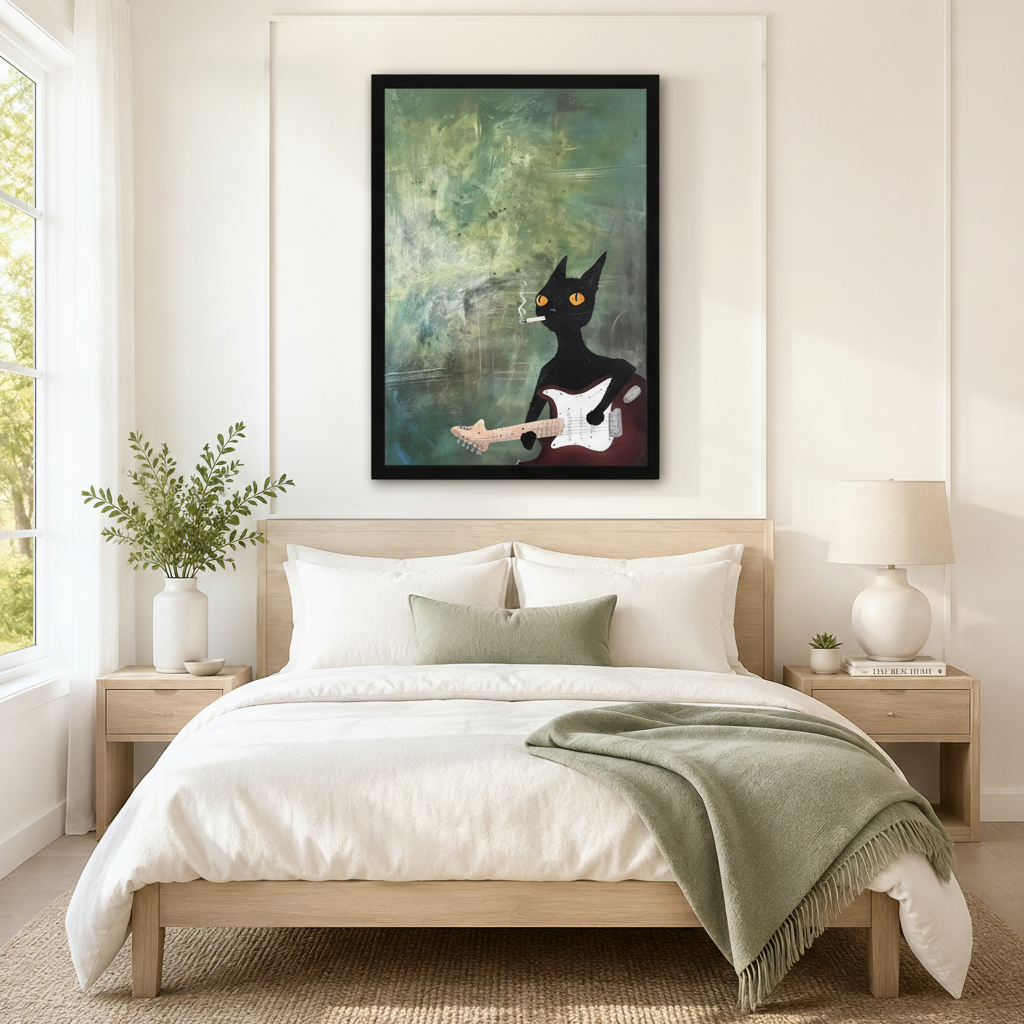 Black framed moody grunge expressionist rock black cat guitar canvas art with a cool black cartoon cat with large glowing amber eyes and a smoldering cigarette in its mouth holding a dark red electric guitar with a white pickguard on a heavily textured teal green distressed oil paint background with swirling cigarette smoke, hung above a light wood bed frame in a serene Scandinavian bedroom with crisp white linen bedding, a sage green throw blanket, matching wood nightstands, a white ceramic table lamp, and