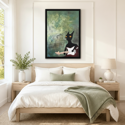 Black framed moody grunge expressionist rock black cat guitar canvas art with a cool black cartoon cat with large glowing amber eyes and a smoldering cigarette in its mouth holding a dark red electric guitar with a white pickguard on a heavily textured teal green distressed oil paint background with swirling cigarette smoke, hung above a light wood bed frame in a serene Scandinavian bedroom with crisp white linen bedding, a sage green throw blanket, matching wood nightstands, a white ceramic table lamp, and