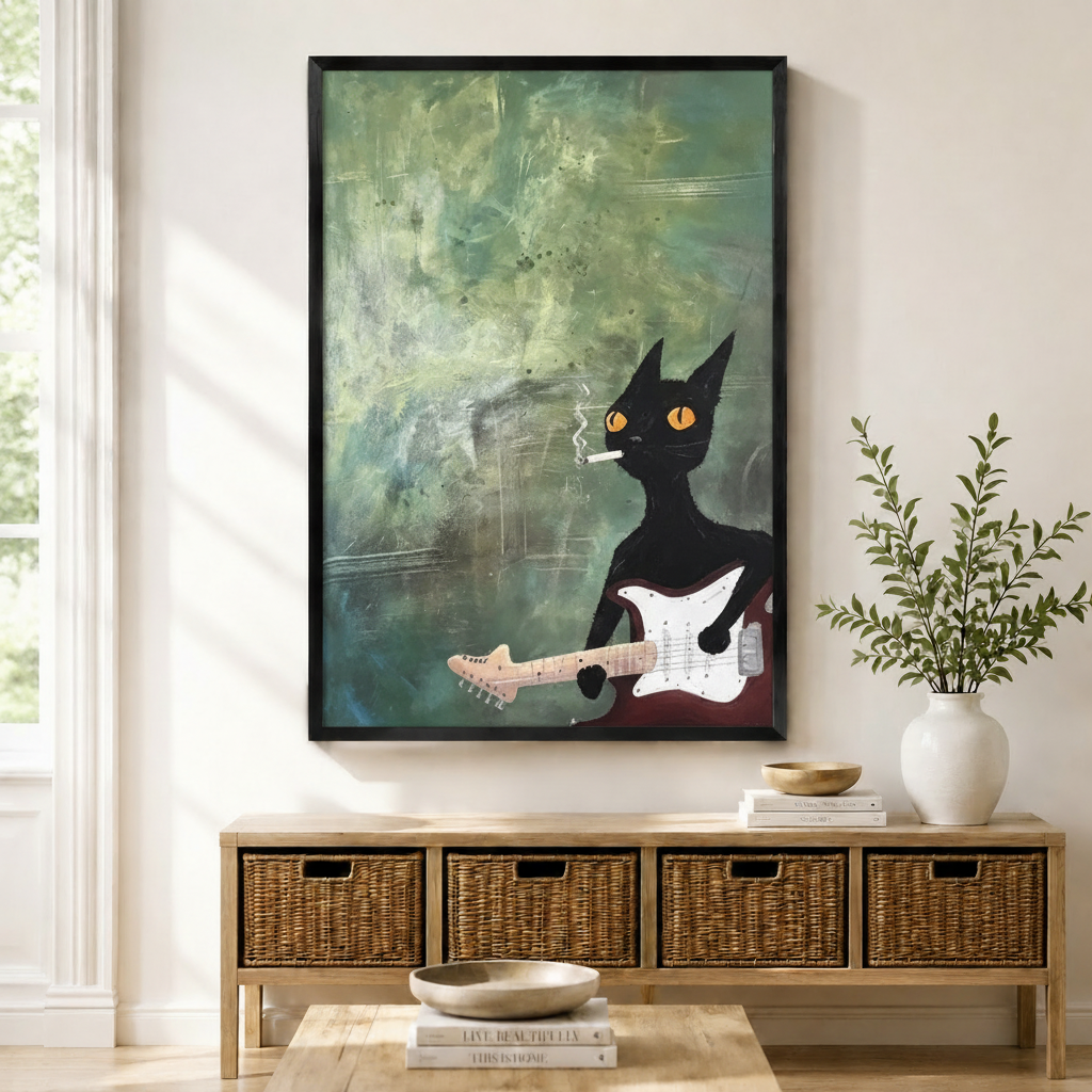 Black framed grunge expressionist rock black cat guitar canvas art with a cool black cartoon cat with glowing amber eyes sitting sideways with a cigarette dangling from its mouth and holding a dark red electric guitar with a white pickguard on a heavily textured teal green distressed oil paint background with swirling smoke, displayed above a wooden rattan storage bench with a white ceramic bowl, stacked books, and a white vase of greenery
