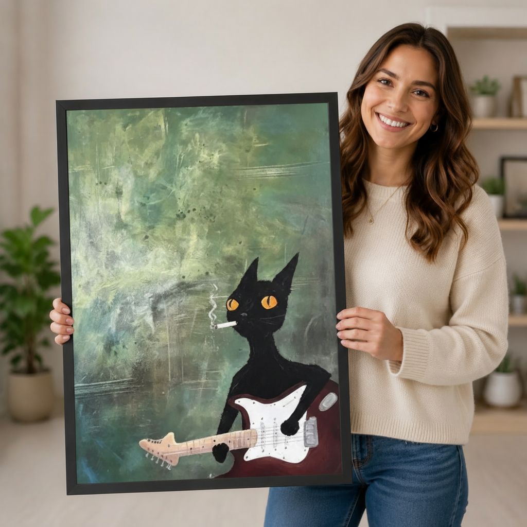 Smiling woman in a cream sweater holding a large vertical black framed grunge expressionist rock black cat guitar canvas art print showing a sleek black cartoon cat with glowing amber eyes and a lit cigarette dangling from its mouth cradling a dark burgundy electric guitar with a white pickguard on a moody impasto teal green distressed background with drifting smoke in a bright plant-filled room