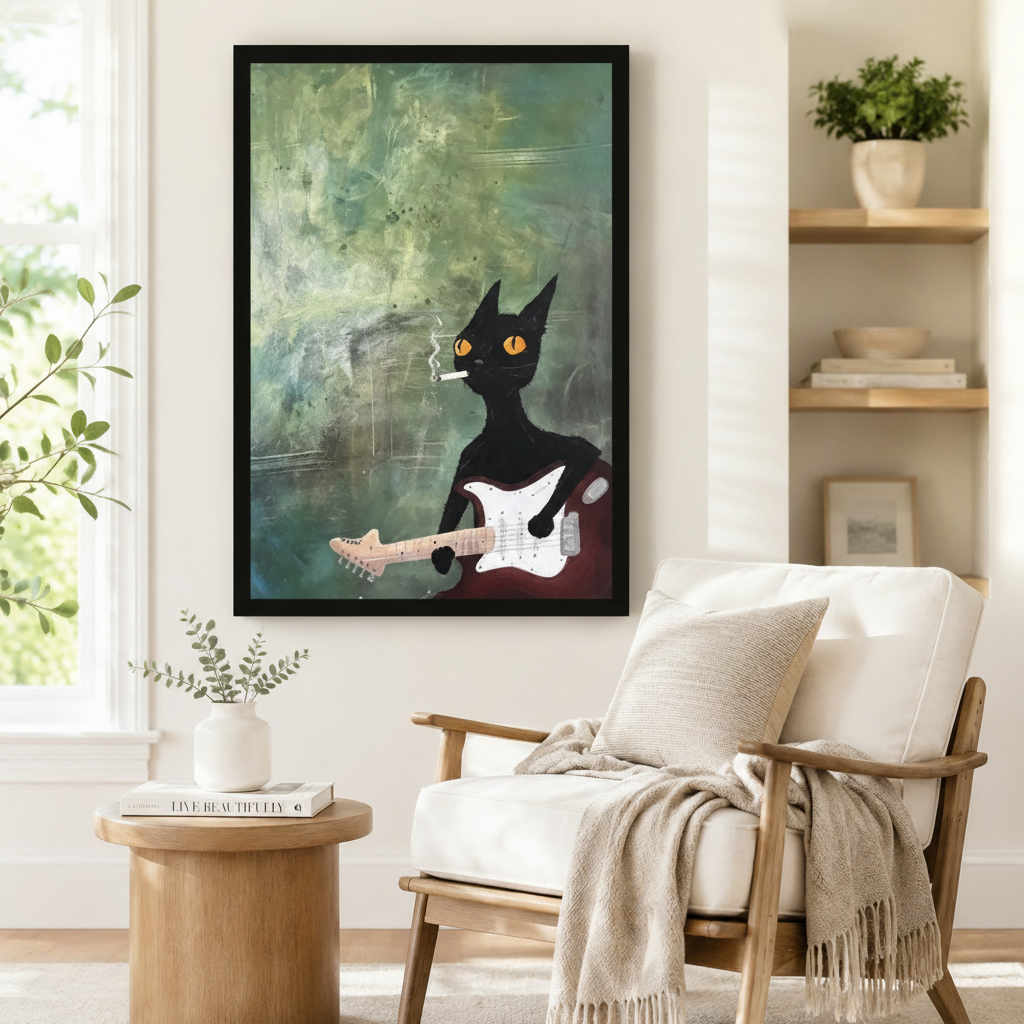 Black framed grunge expressionist rock black cat guitar canvas art showing a cool black cartoon cat with intense amber eyes and a smoldering cigarette in its mouth holding a dark red electric guitar with a white pickguard on a heavily textured teal green distressed oil paint background with curling smoke wisps, displayed on a white wall beside a white wooden armchair with a cream fringed throw and a round wood side table with stacked books
