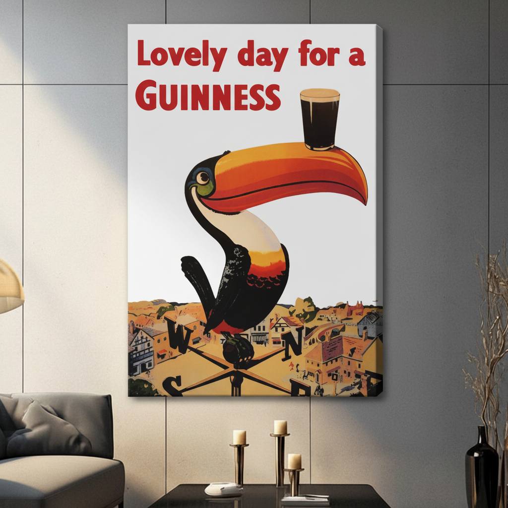 Frameless canvas wrap of the Guinness toucan vintage poster art hung on a grey wall in a contemporary living room setting