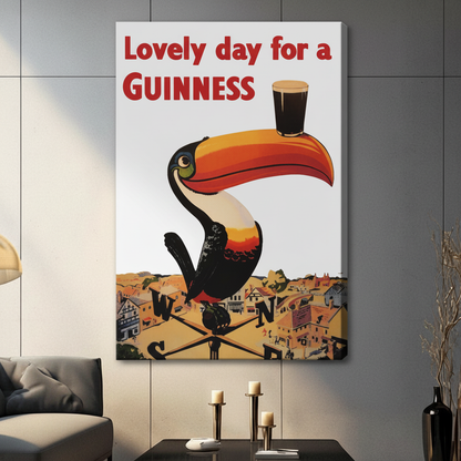Frameless canvas wrap of the Guinness toucan vintage poster art hung on a grey wall in a contemporary living room setting
