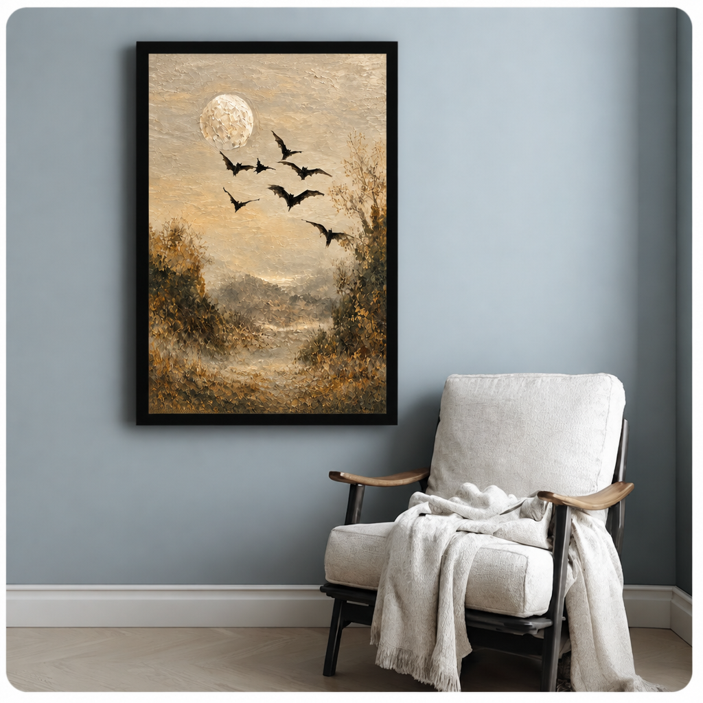  Halloween bat canvas wall art above a white armchair, featuring silhouetted bats and a pale moon over autumn trees