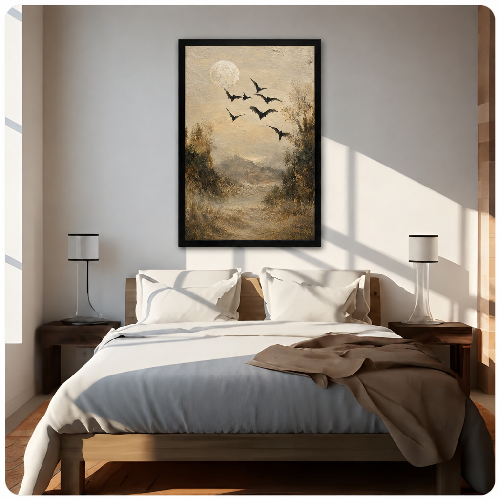  Halloween bat canvas wall art above a bed, showing bats beneath a full moon over a misty autumn trail