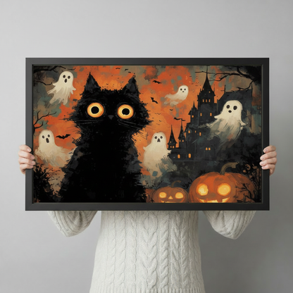 Person holding Halloween black cat framed poster showing size reference with ghost and haunted castle artwork