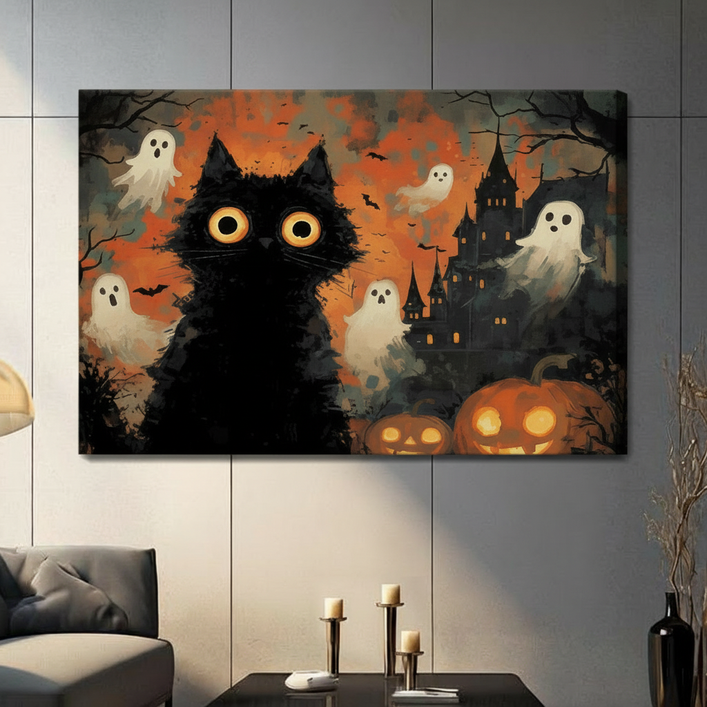 Spooky black cat Halloween canvas wall art featuring ghosts bats and jack-o-lanterns in a contemporary living space
