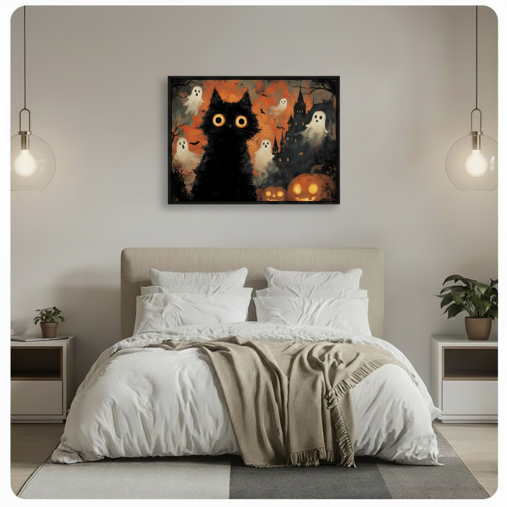 Halloween black cat and ghost wall art in black frame hung above bed in a minimalist neutral bedroom