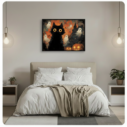 Halloween black cat and ghost wall art in black frame hung above bed in a minimalist neutral bedroom