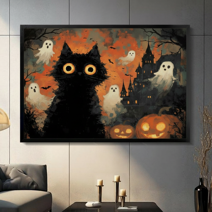 Halloween black cat wall art framed print with ghosts and pumpkins displayed in a modern living room