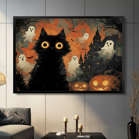 Halloween black cat wall art framed print with ghosts and pumpkins displayed in a modern living room