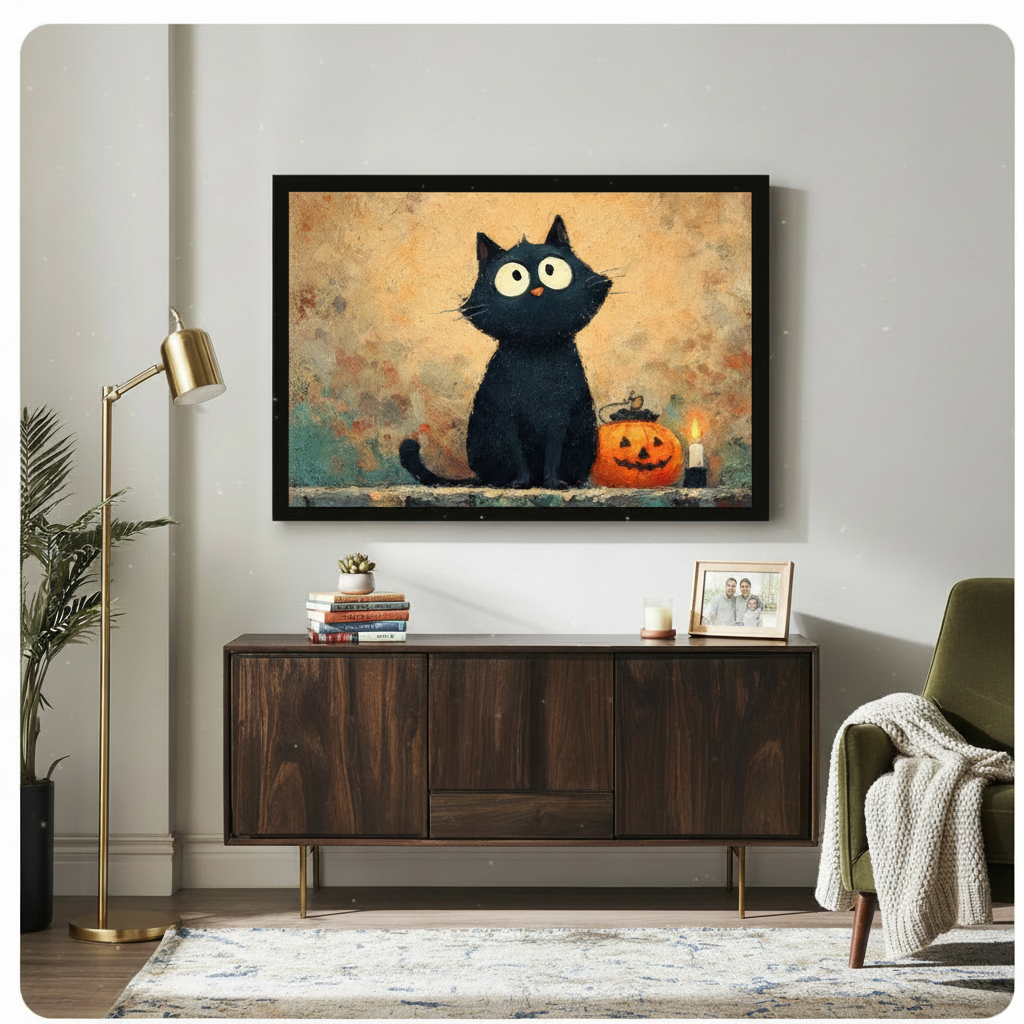 Whimsical black cat with big round eyes and jack-o'-lantern framed canvas wall art above a dark walnut sideboard with stacked books and a succulent, brass floor lamp and olive green armchair in a modern living room