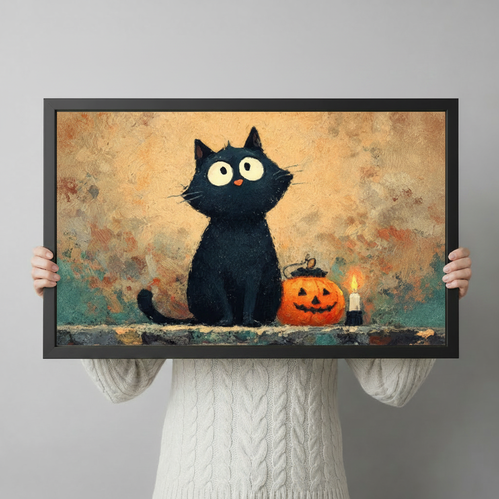 Whimsical Halloween black cat framed canvas wall art with jack-o'-lantern and candlelight held up by two hands against a light gray background, textured oil painting style, black wood frame, horizontal landscape print
