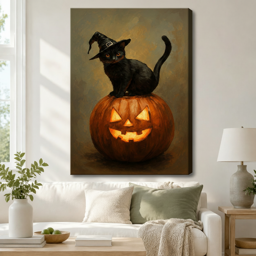 Gallery wrap canvas wall art featuring a black witch cat sitting on a lit jack-o-lantern, hung above a white sofa in a cozy Scandinavian living room