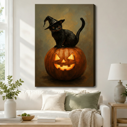 Gallery wrap canvas wall art featuring a black witch cat sitting on a lit jack-o-lantern, hung above a white sofa in a cozy Scandinavian living room