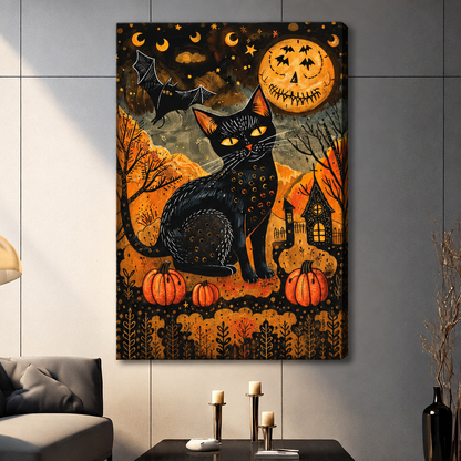 Folk art painting of a black cat with glowing eyes among pumpkins beneath a jack-o-lantern moon with a bat and haunted house Halloween wall art stretched canvas dark panel wall living room