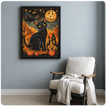 Folk art painting of a black cat with glowing eyes among pumpkins beneath a jack-o-lantern moon with a bat and haunted house Halloween wall art framed print beside armchair blue-gray wall